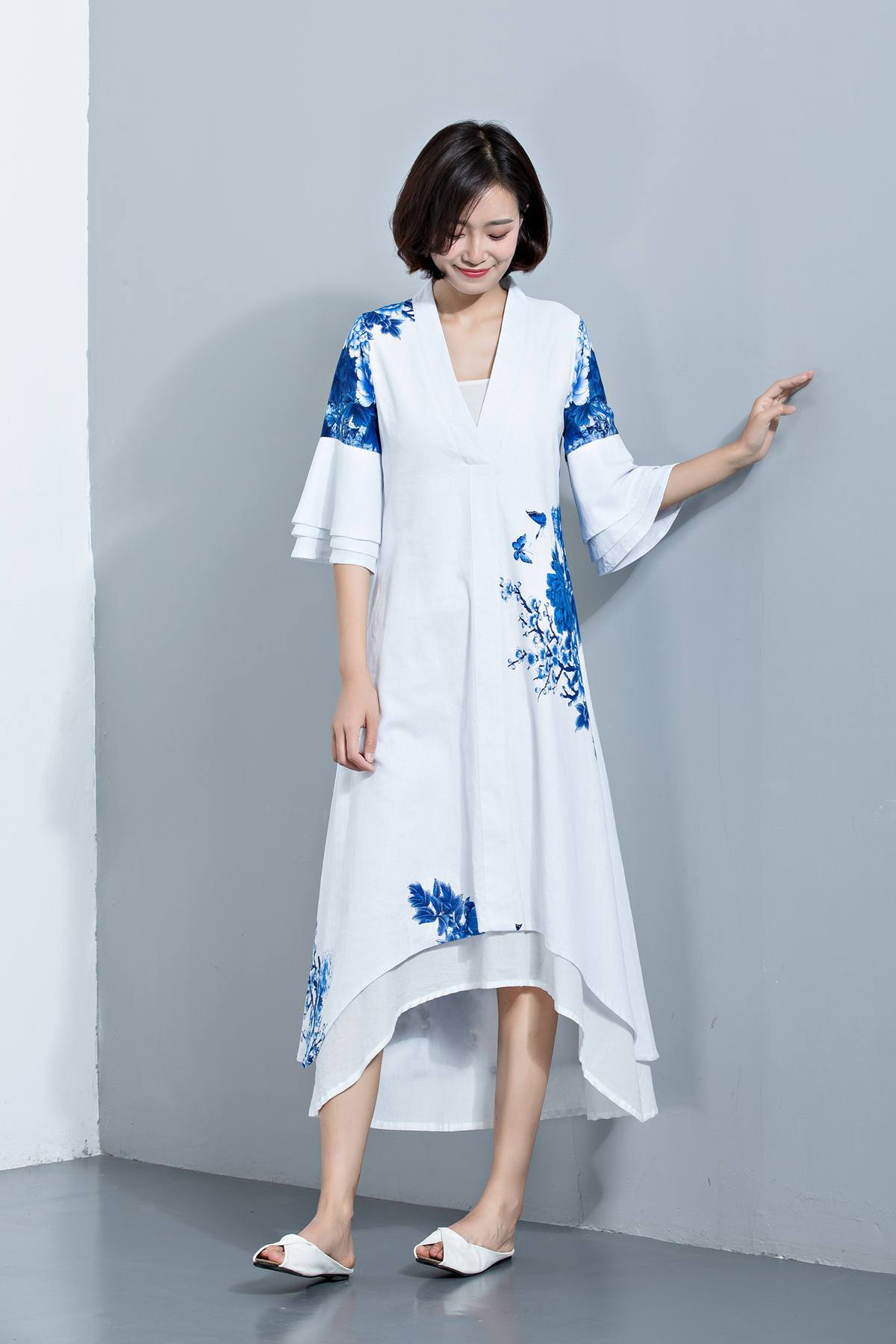 Linen dress, womens dresses, white dress, blue dress, flower dress, white maxi dress, causal dress, vintage dress, maxi dress  C1133