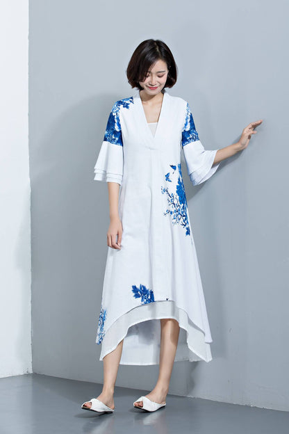 Linen dress, womens dresses, white dress, blue dress, flower dress, white maxi dress, causal dress, vintage dress, maxi dress  C1133