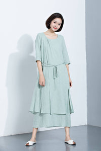 Mint Green Linen Dress, Layered Dress, Midi Dress, Printed Dress, 3/4 Sleeves Dress, Loose Dress, Summer Dress, Women's Dress C1132