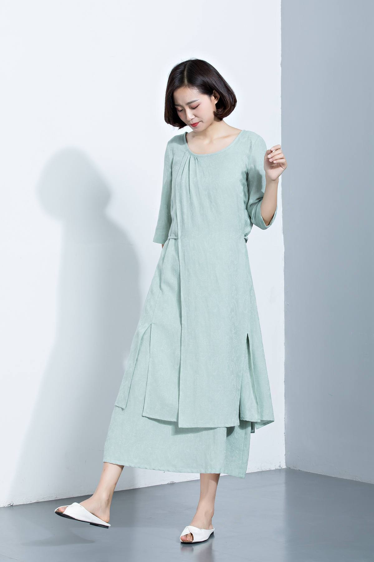 Mint Green Linen Dress, Layered Dress, Midi Dress, Printed Dress, 3/4 Sleeves Dress, Loose Dress, Summer Dress, Women's Dress C1132