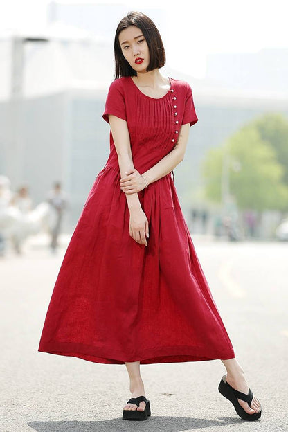 Dress, red dress, linen dress, casual dress, summer dress, maxi dress, long dress, womens dresses, pleated dress, dress pockets C345