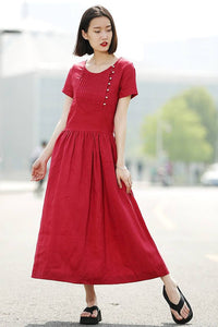 Dress, red dress, linen dress, casual dress, summer dress, maxi dress, long dress, womens dresses, pleated dress, dress pockets C345
