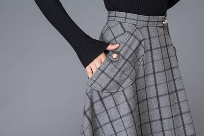 plaid skirt, Gray Skirts, wool skirt, midi skirt, womens skirts, skirt with pockets, winter skirt, plaid wool skirt, wool plaid skirt  C1005