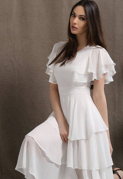 Womens white chiffon midi dress party dress C429