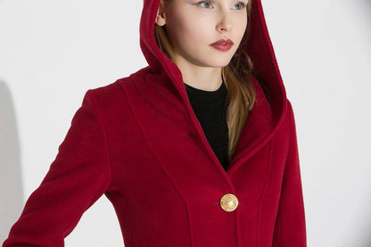 Red Wool Coat , Hooded wool Coat, wool coat, womens coats, Asymmetrical Hem Coat, red hooded coat, long red coat, Military Coat  C680
