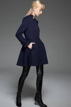 Load image into Gallery viewer, Women&#39;s Car Coat - Navy Blue Short Winter Jacket Fit &amp; Flare Swing Coat with Self-Tie Belt and Asymmetric Button Closure C750
