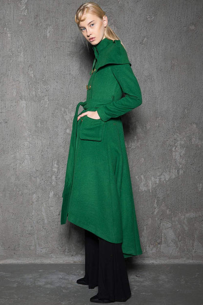 Green Long Coat, Emerald Capelet Coat, Designer Tailored Handmade Double-Breasted Asymmetrical Unique Woman's Coat, Winter Coat C714