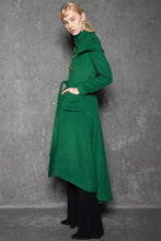 Load image into Gallery viewer, Green Long Coat, Emerald Capelet Coat, Designer Tailored Handmade Double-Breasted Asymmetrical Unique Woman&#39;s Coat, Winter Coat C714
