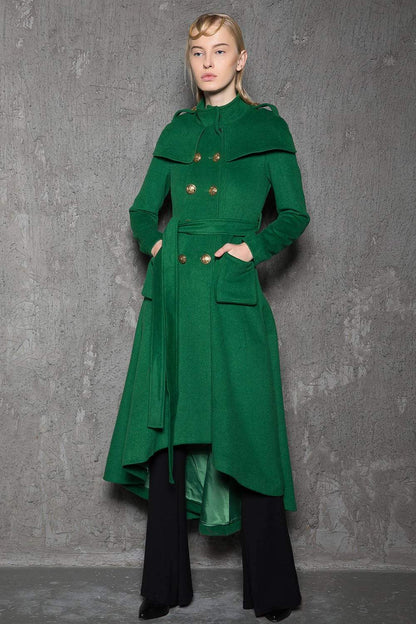 Green Long Coat, Emerald Capelet Coat, Designer Tailored Handmade Double-Breasted Asymmetrical Unique Woman's Coat, Winter Coat C714