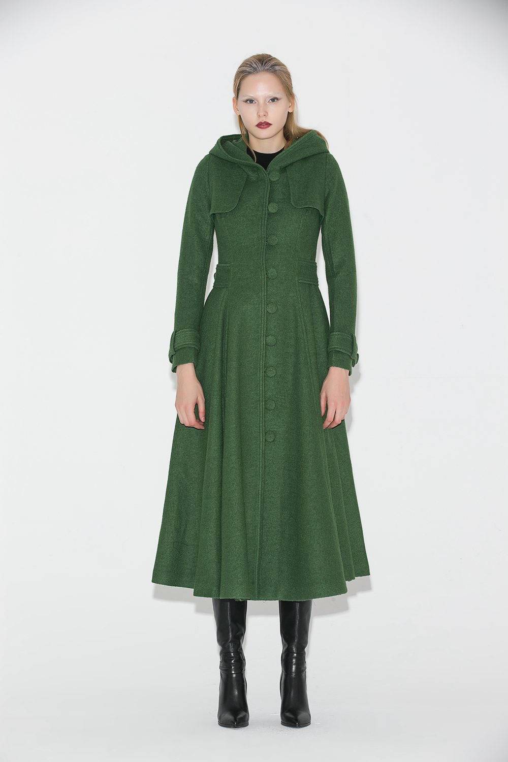 Green Coat, womens coat, wool coat, long coat, Long Fitted Hooded Single-Breasted Fully Lined Womens  Autumn Winter Outerwear  C683