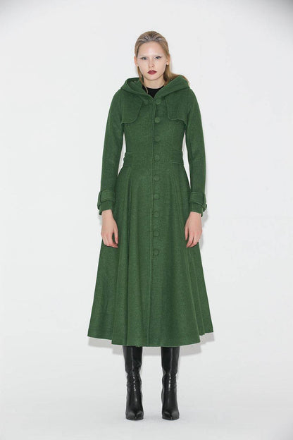 Green Coat, womens coat, wool coat, long coat, Long Fitted Hooded Single-Breasted Fully Lined Womens  Autumn Winter Outerwear  C683