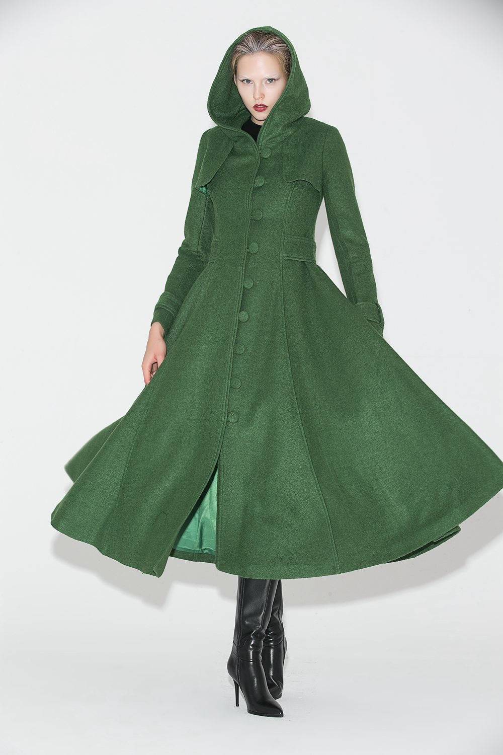 Green Coat, womens coat, wool coat, long coat, Long Fitted Hooded Single-Breasted Fully Lined Womens  Autumn Winter Outerwear  C683
