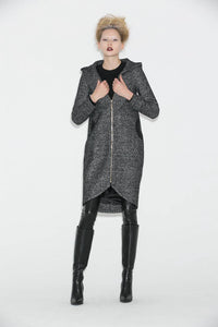 Hooded Winter Coat, Gray Mid Length Womens Jacket, Zipper Closure and Tulip Shape Hemline Womens Outerwear, Winter Coat C672