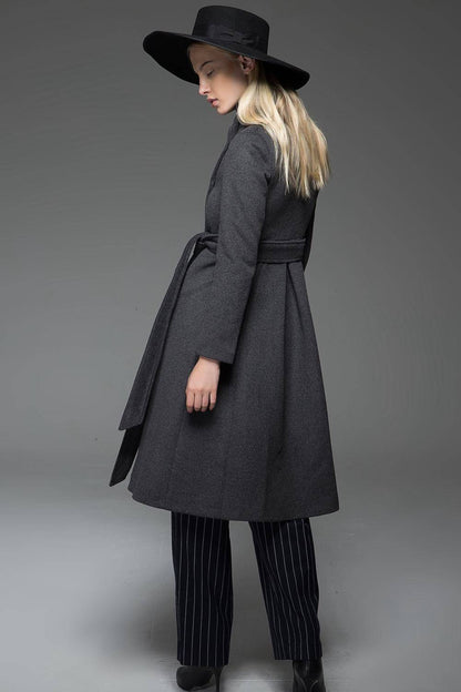 Gray Wool Coat with High Neck Collar, Pockets and Self-Tie Belt C758