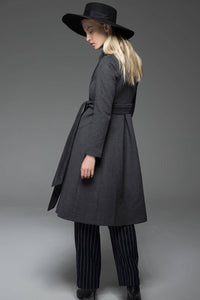 Classic Gray Coat - Wool Smart Tailored Fitted Long Women's Coat with High Neck Collar, Pockets and Self-Tie Belt C758