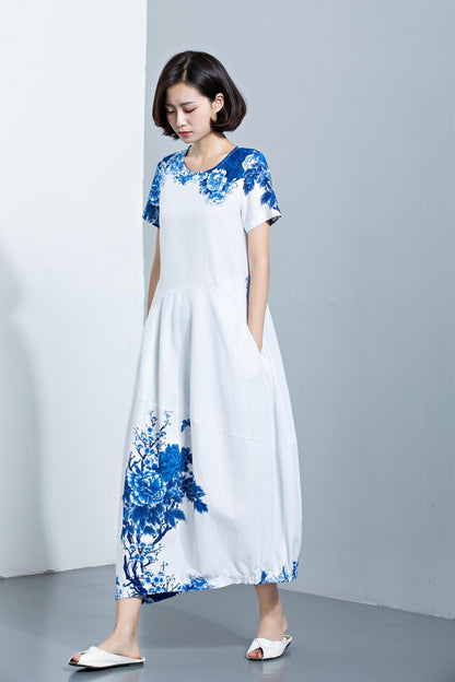 Womens dresses, Linen Dress, maxi dress, dress, Midi Length Dress, Loose Dress, summer dress, print dress, flower dress C1134