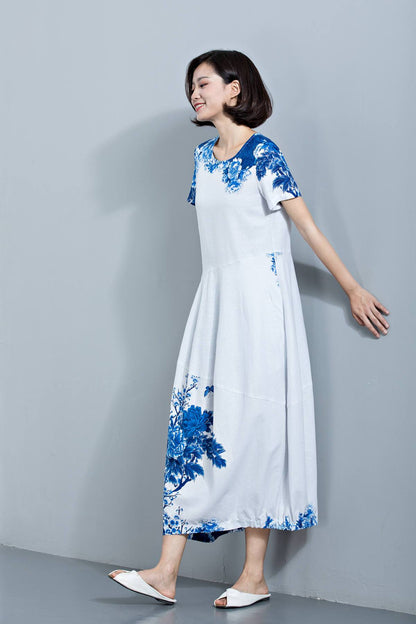 Womens dresses, Linen Dress, maxi dress, dress, Midi Length Dress, Loose Dress, summer dress, print dress, flower dress C1134