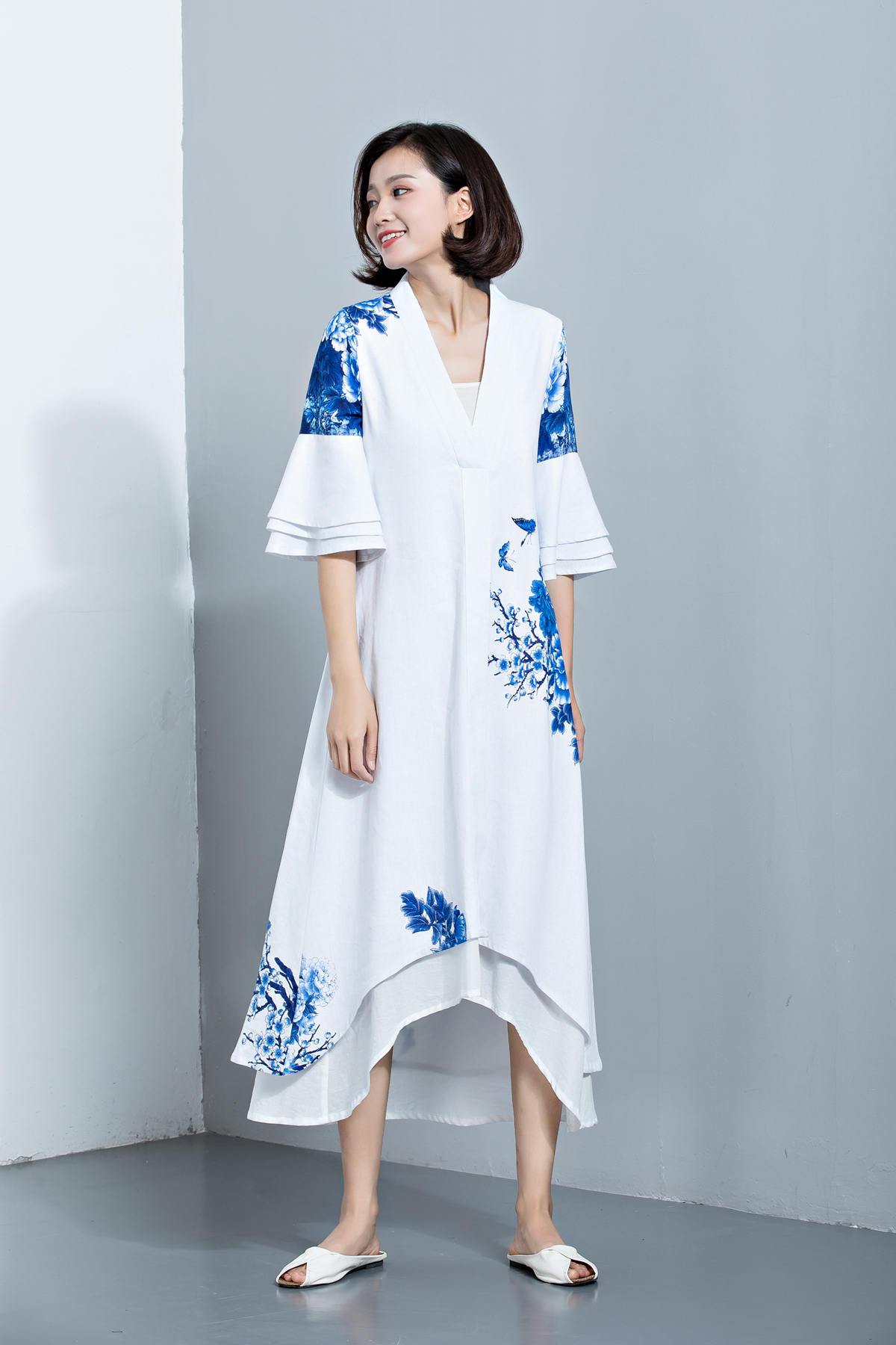 Linen dress, womens dresses, white dress, blue dress, flower dress, white maxi dress, causal dress, vintage dress, maxi dress  C1133