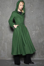 Load image into Gallery viewer, Maxi coat, wool coat, Green wool coat, emerald green coat, fit and flare coat, womens coats, hooded coat, ruffle coat, winter coat C785
