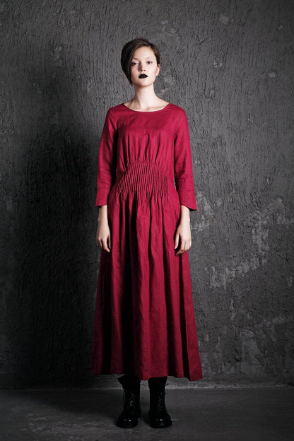 Red Linen Maxi Dress - Raspberry Fit & Flare with Pintuck Pleated Waist Summer Fall Fashion Womens Dress （C500）