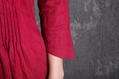 Red Linen Maxi Dress - Raspberry Fit & Flare with Pintuck Pleated Waist Summer Fall Fashion Womens Dress （C500）