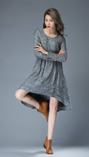 Load image into Gallery viewer, Marl Gray Lagenlook Dress - Linen Loose-Fitting Long-Sleeved Round Neck Asymmetrical Dress with Tiered Pleated Hemline C810
