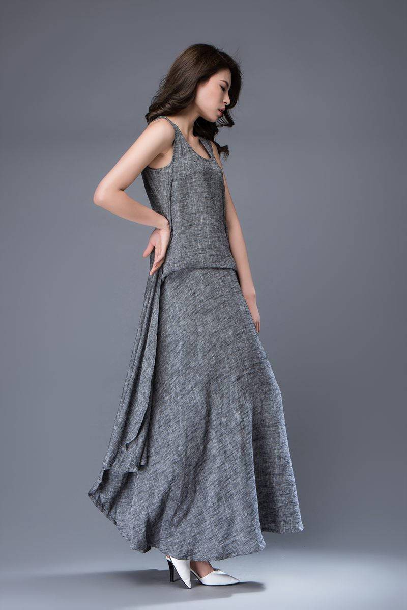 Gray Linen Dress - Layered Flowing Elegant Long Sleeve Long Summer Dress with Scoop Neck Handmade Clothing C881