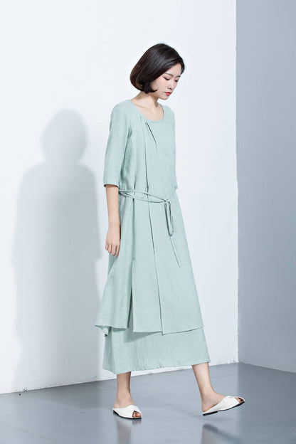 Mint Green Linen Dress, Layered Dress, Midi Dress, Printed Dress, 3/4 Sleeves Dress, Loose Dress, Summer Dress, Women's Dress C1132