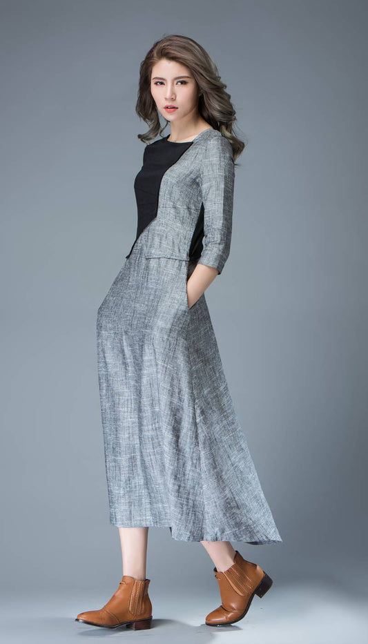 Linen Dress, black dress, gray dress, maxi dress, long dress, womens dresses, dress, vintage dress, designer dress, black linen dress  C805