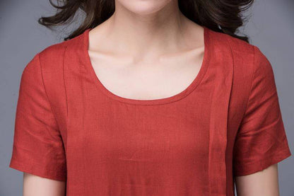 Linen Dress - Rusty Red Semi-Fitted Casual Comfortable Everyday Day Dress with Large Side Pockets & Short Sleeves C882