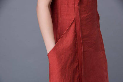 Linen Dress - Rusty Red Semi-Fitted Casual Comfortable Everyday Day Dress with Large Side Pockets & Short Sleeves C882