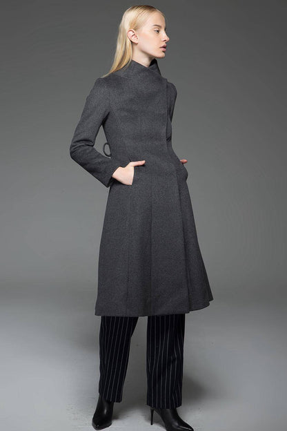 Gray Wool Coat with High Neck Collar, Pockets and Self-Tie Belt C758