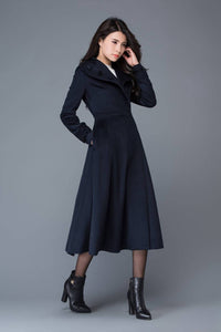 Long Navy Blue Wool Coat C1021