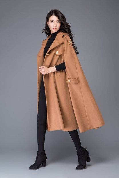 Hooded cloak, cape coat, wool cloak, hooded cape, wool coat, long coat, long cape, winter cloak, maxi coat, plus size coat, brown cape C994