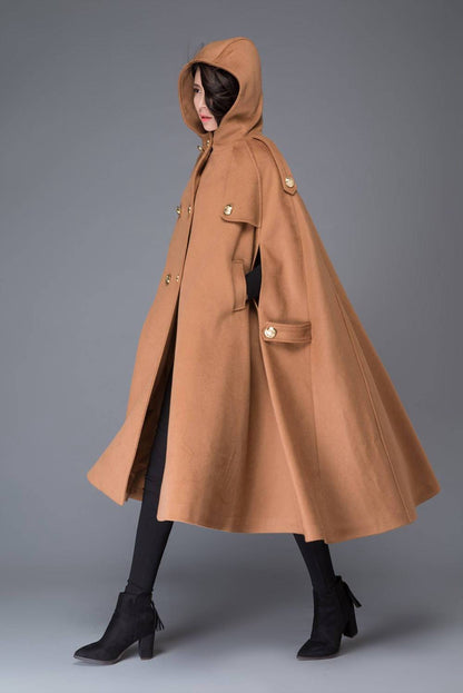 Hooded cloak, cape coat, wool cloak, hooded cape, wool coat, long coat, long cape, winter cloak, maxi coat, plus size coat, brown cape C994