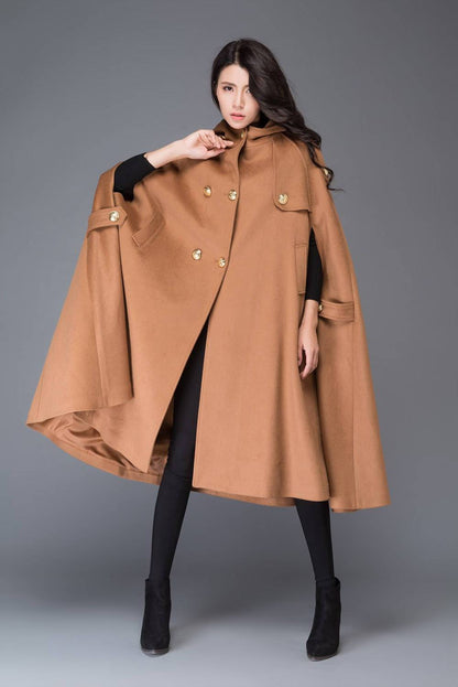 Hooded cloak, cape coat, wool cloak, hooded cape, wool coat, long coat, long cape, winter cloak, maxi coat, plus size coat, brown cape C994