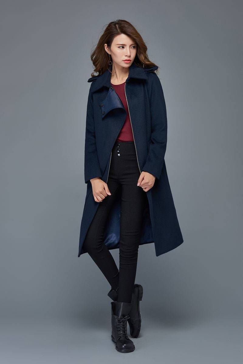 Winter coats for women, navy blue wool coat, mid length coat, unique c –  Ylistyle
