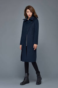 Winter coats for women, navy blue wool coat, mid length coat, unique coat, warm jacket, womens coats, zipper coat, custom jackets C973