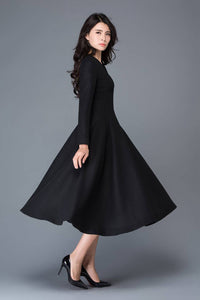 Wool dress, winter dress, black dress, long wool dress, V neck dress, midi wool dress, womens dress, black wool dress, fit dress C1027