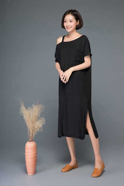 Split dress, one shoulder dress, black dress, linen dress, midi dress, womens dress, strap dress, summer dress, loose dress, day dress C1149