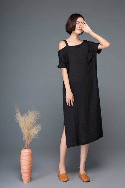 Split dress, one shoulder dress, black dress, linen dress, midi dress, womens dress, strap dress, summer dress, loose dress, day dress C1149