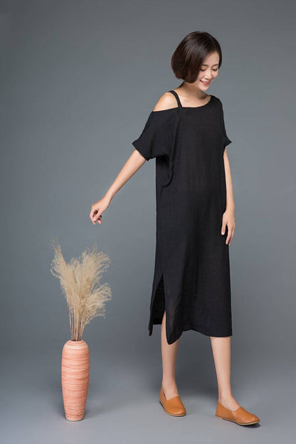 Split dress, one shoulder dress, black dress, linen dress, midi dress, womens dress, strap dress, summer dress, loose dress, day dress C1149