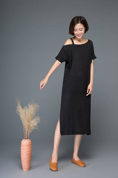Split dress, one shoulder dress, black dress, linen dress, midi dress, womens dress, strap dress, summer dress, loose dress, day dress C1149