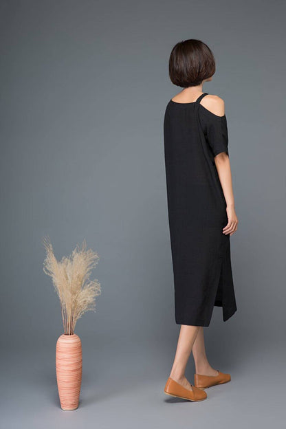 Split dress, one shoulder dress, black dress, linen dress, midi dress, womens dress, strap dress, summer dress, loose dress, day dress C1149