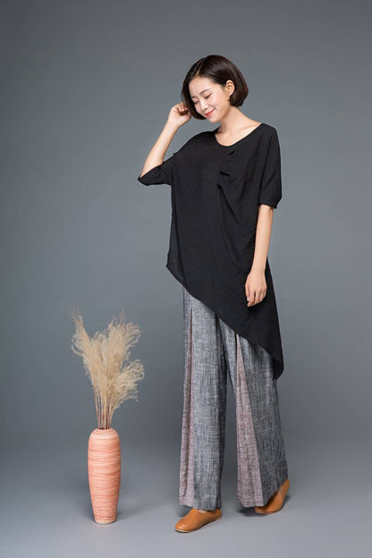 Tops, Black top, linen shirt, blouses woman, shirt dress, irregular shirt, long shirt, womens shirts, side split top, tops for women C1150