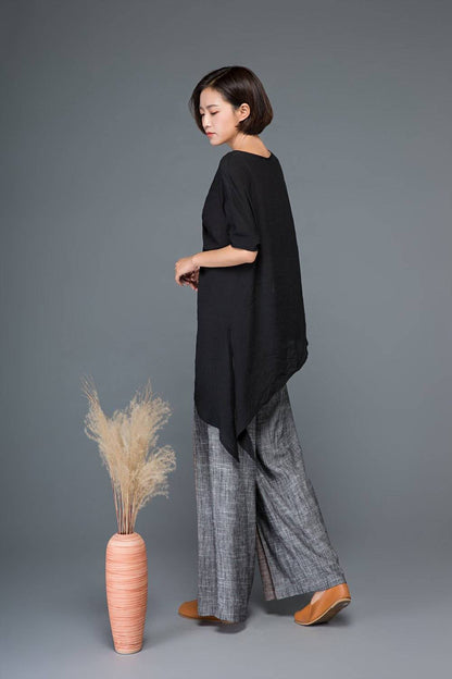 Tops, Black top, linen shirt, blouses woman, shirt dress, irregular shirt, long shirt, womens shirts, side split top, tops for women C1150