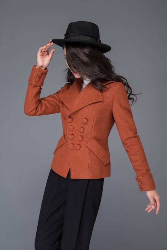 Brown Wool Blend Mini Coat - Double-Breasted Asymmetric Blazer C1018