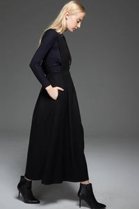 Black wool dress, Black pinafore dress, midi dress pockets, winter dress, womens long dress, zipper dress, pleated dress , custom dress C776