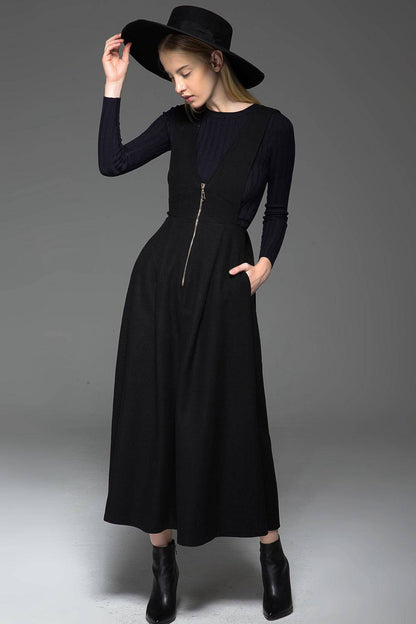 Black wool dress, Black pinafore dress, midi dress pockets, winter dress, womens long dress, zipper dress, pleated dress , custom dress C776