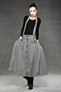Wool Suspender skirt, pleated skirt, winter skirt, long skirt, womens skirts, maxi skirt, houndstooth skirt, button skirt, pocket skirt C049